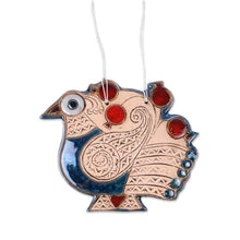 Load image into Gallery viewer, Peacock and Pomegranate-Themed Blue and Red Ceramic Ornament - Spiritual Messenger | NOVICA