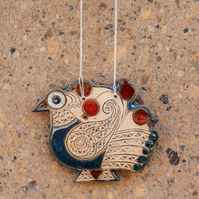 Load image into Gallery viewer, Peacock and Pomegranate-Themed Blue and Red Ceramic Ornament - Spiritual Messenger | NOVICA