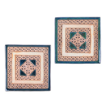 Load image into Gallery viewer, Pair of Handcrafted Geometric Ceramic Coasters in Blue - Blue Cosmopolis | NOVICA