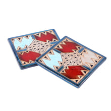 Load image into Gallery viewer, Pair of Handcrafted Ceramic Coasters in Blue and Red Hues - Blue Metropolis | NOVICA