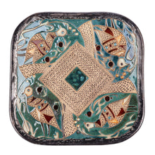 Load image into Gallery viewer, Bird-Themed Glazed Green and Brown Ceramic Platter - Majestic Pond | NOVICA