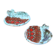 Load image into Gallery viewer, Pair of Glazed Aqua and Red Ceramic Pomegranate Catchalls - Omens from the Sky | NOVICA