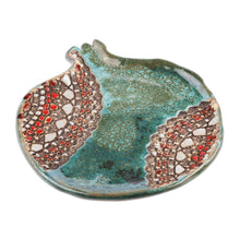 Load image into Gallery viewer, Pomegranate-Shaped Green and Red Ceramic Dessert Plate - Nature's Prophecy | NOVICA
