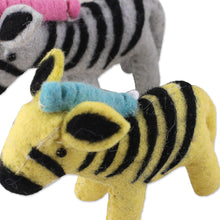 Load image into Gallery viewer, Set of Six Colorful Wool and Cotton Zebra Ornaments - Zebra Realm | NOVICA