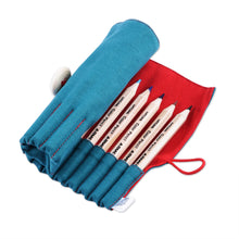 Load image into Gallery viewer, Wooden Colored Pencil Set with Teal and Red Cotton Roll Case - Passion Palette | NOVICA