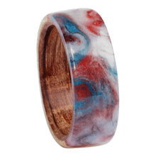 Load image into Gallery viewer, Hand-Carved Apricot Wood Band Ring in Blue and Red Hues - Evening Thoughts | NOVICA