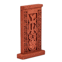 Load image into Gallery viewer, Hand-Carved Traditional Floral Tuff Stone Stela Sculpture - Red Faith Flower | NOVICA