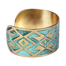 Load image into Gallery viewer, Oxidized Brass Cuff Bracelet with Armenian Patterns - Armenian Diamonds | NOVICA