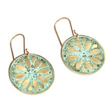 Load image into Gallery viewer, Brass Floral Dangle Earrings with Antique Oxidized Finish - Armenian Flower | NOVICA