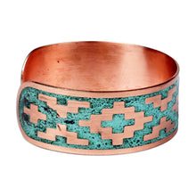 Load image into Gallery viewer, Oxidized Brass Cuff Bracelet with Armenian Geometric Motif - Armenian Geometry | NOVICA