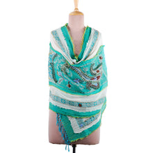 Load image into Gallery viewer, Hand-Embroidered Wool and Cotton Blend Shawl in Turquoise - Paisley Whispers | NOVICA
