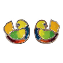 Load image into Gallery viewer, Hand-Painted Bird-Shaped Brass Button Earrings from Armenia - Fantasy Chants | NOVICA
