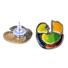 Load image into Gallery viewer, Hand-Painted Bird-Shaped Brass Button Earrings from Armenia - Fantasy Chants | NOVICA