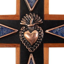 Load image into Gallery viewer, Copper and Bronze Wood Wall Cross with Sodalite Accents - Heroism Cross | NOVICA