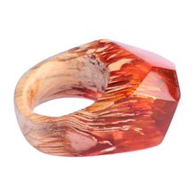 Load image into Gallery viewer, Red Resin Pear Wood Cocktail Ring Crafted in Armenia - Forest Flames | NOVICA