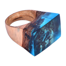 Load image into Gallery viewer, Handmade Blue Nature-Themed Resin and Pearwood Cocktail Ring - Dream Lake | NOVICA