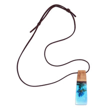 Load image into Gallery viewer, Blue-Toned Natural Flower and Apricot Wood Pendant Necklace - Spring Blue | NOVICA