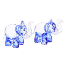 Load image into Gallery viewer, Pair of Blue-Toned Handblown Glass Elephant Figurines - The Blue Giants | NOVICA