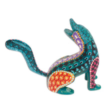 Load image into Gallery viewer, Wood Cat Alebrije Figurine in Green Hand-Painted in Mexico - Curious Cat in Green | NOVICA