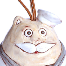 Load image into Gallery viewer, Painted Nautical Cat Ceramic Bell Ornament with Leather Cord - Captain Cat | NOVICA