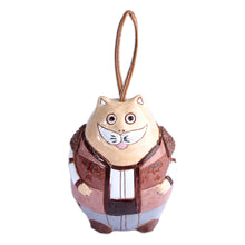 Load image into Gallery viewer, Hand-Painted Cat Ceramic Bell Ornament with Leather Cord - Gallant Cat | NOVICA