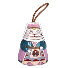 Load image into Gallery viewer, Painted Feline Lady Ceramic Bell Ornament with Leather Cord - Madam Cat | NOVICA