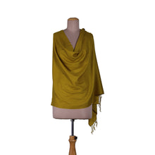 Load image into Gallery viewer, Fringed Yellow Wool Shawl with Handwoven Geometric Motifs - Winter Warmth in Mustard | NOVICA