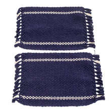 Load image into Gallery viewer, Pair of Hand-Woven Fringed Cotton Coasters in Blue and White - Moments | NOVICA