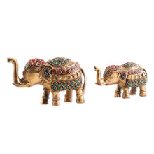 Load image into Gallery viewer, Set of 2 Golden-Toned Brass Elephant Sculptures with Beads - Royal Sages | NOVICA