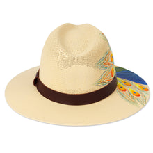 Load image into Gallery viewer, Hand-Painted Peacock-Themed Leather-Accented Cotton Hat - Divine Spirit | NOVICA