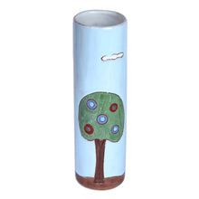 Load image into Gallery viewer, Hand-Painted Glazed Ceramic Vase with House Motif in Blue - Serene Homes | NOVICA