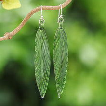 Load image into Gallery viewer, Handblown Leaf-Shaped Green Glass Dangle Earrings - Bamboo Leaf | NOVICA