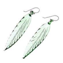 Load image into Gallery viewer, Handblown Leaf-Shaped Green Glass Dangle Earrings - Bamboo Leaf | NOVICA
