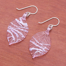 Load image into Gallery viewer, Handblown Leafy Pink and White Glass Dangle Earrings - Tender Foliage | NOVICA