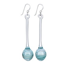 Load image into Gallery viewer, Handblown Abstract Blue and White Glass Dangle Earrings - Celestial Pendulum | NOVICA