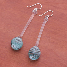Load image into Gallery viewer, Handblown Abstract Blue and White Glass Dangle Earrings - Celestial Pendulum | NOVICA