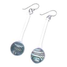 Load image into Gallery viewer, Handblown Abstract Blue and White Glass Dangle Earrings - Celestial Pendulum | NOVICA