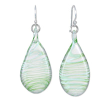 Load image into Gallery viewer, Handblown Glass Dangle Earrings with Green & White Spirals - Green Ovate Leaf | NOVICA