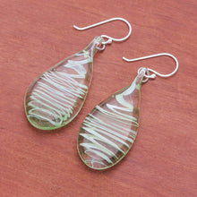 Load image into Gallery viewer, Handblown Glass Dangle Earrings with Green & White Spirals - Green Ovate Leaf | NOVICA
