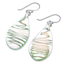 Load image into Gallery viewer, Handblown Glass Dangle Earrings with Green & White Spirals - Green Ovate Leaf | NOVICA