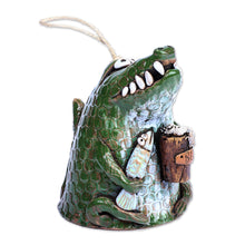 Load image into Gallery viewer, Hand-Painted Green Crocodile Ceramic Bell Ornament - Fishing Day | NOVICA