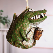 Load image into Gallery viewer, Hand-Painted Green Crocodile Ceramic Bell Ornament - Fishing Day | NOVICA