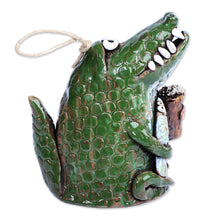 Load image into Gallery viewer, Hand-Painted Green Crocodile Ceramic Bell Ornament - Fishing Day | NOVICA