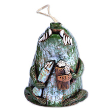 Load image into Gallery viewer, Hand-Painted Green Crocodile Ceramic Bell Ornament - Fishing Day | NOVICA