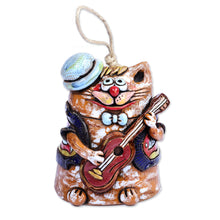 Load image into Gallery viewer, Painted Whimsical Feline Guitarist Ceramic Bell Ornament - Feline Serenade | NOVICA