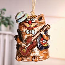 Load image into Gallery viewer, Painted Whimsical Feline Guitarist Ceramic Bell Ornament - Feline Serenade | NOVICA