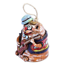 Load image into Gallery viewer, Painted Whimsical Feline Guitarist Ceramic Bell Ornament - Feline Serenade | NOVICA