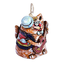 Load image into Gallery viewer, Painted Whimsical Feline Guitarist Ceramic Bell Ornament - Feline Serenade | NOVICA