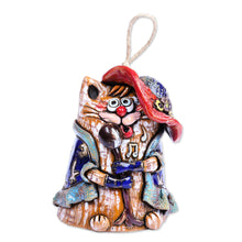 Load image into Gallery viewer, Hand-Painted Whimsical Feline Singer Ceramic Bell Ornament - Feline Soprano | NOVICA