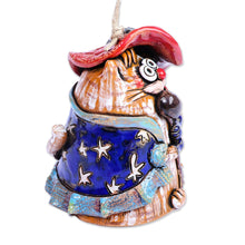 Load image into Gallery viewer, Hand-Painted Whimsical Feline Singer Ceramic Bell Ornament - Feline Soprano | NOVICA
